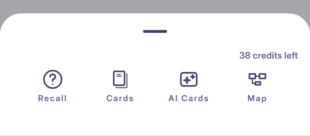 The Study panel in the FocusPace notebook editor showing Recall, Cards, AI Cards, and Map actions.